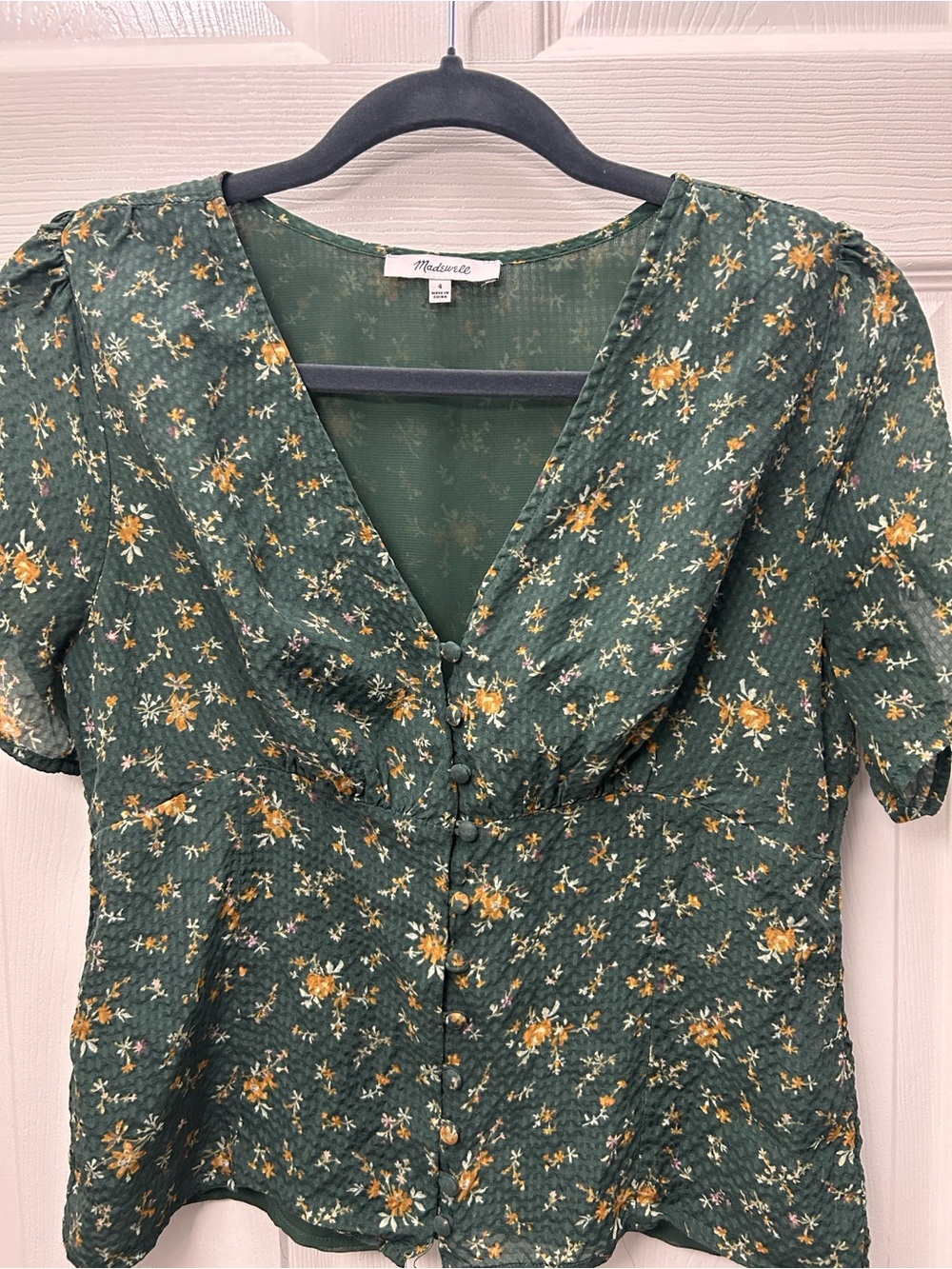 Madewell Green Floral Button-Front V-Neck Blouse